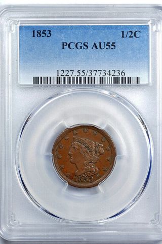 1853 1/2c Braided Hair Half Cent Pcgs Au55bn