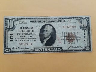 Scarce Fr1801 Ch 3874 $10 1929 The Monongahela National Bank Of Pittsburgh Pa