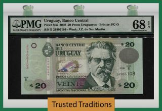 Tt Pk 86a 2008 Uruguay 20 Pesos Uruguayos " Varela " Pmg 68 Epq None Finer