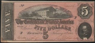 1864 $5 Confederate States Of America Note " Au " S/h After 1st Item