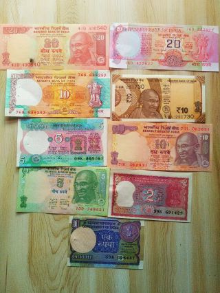 Set Of 9 Indian Bank Notes,  Different Number Notes Given,  Random Pick
