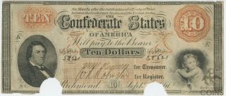 1861 Confederate States Of America Ten Dollars $10 Note Punch Cancelled Type 24