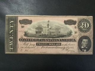 1864 Confederates States Of America 20 Dollars Old Banknote