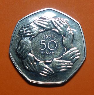 G.  B.  : Proof Fifty Pence 1973.  Unc.  In Case.  European Union.  Circle Of Hands.
