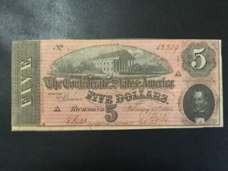 1864 Confederates States Of America 5 Dollars Old Banknote