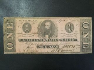 1863 Confederates States Of America One Dollar Old Banknote