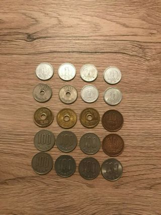 20 Different Japanese1,  5,  10,  50,  100 Yen Coins,  Circa 1968 T0 1996 Total 841yen
