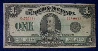 1923 $1 Dominion Of Canada Banknote Currency