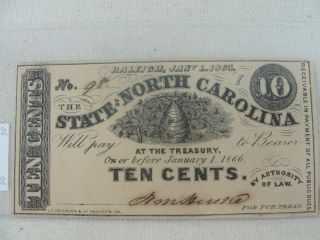 1863 State Of North Carolina.  10 Cent Obsolete Note " Raleigh "
