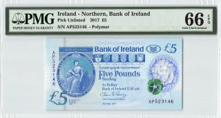 Northern Ireland Bank Of Ireland 2017 Pmg Gem Unc 66 Epq 5 Pounds