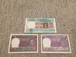 3 Authentic Indian Bills:1 Rupee,  5 Rupees,  And 1 Rupee Vintage Money Bank Notes