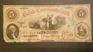 1861 $5 The Bank Of The Commonwealth Richmond,  Va Obsolete Banknote