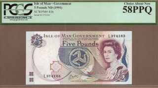 Isle Of Man: 5 Pounds Banknote,  (au Pcgs58),  P - 41b,  1991,
