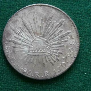 1890 Mexico Silver 8 Reales Coin Go Rr Guanajuato Caps & Rays Unc
