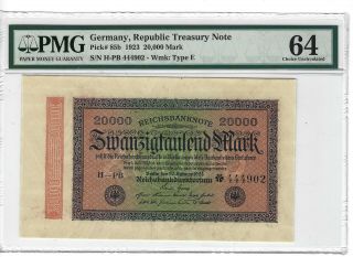 P - 85b 1923 20,  000 Mark,  Germany,  Republic Treasury Note,  Pmg 64