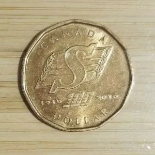 2010 - Canada $1 - Saskatchewan Roughriders - Circulated Loonie Canadian Dollar