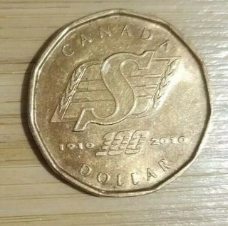 2010 - Canada $1 - Saskatchewan Roughriders - Circulated Loonie Canadian Dollar 4