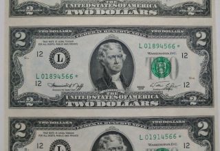 1976 Star Note $2 Dollar Bill Uncut Sheet of 4 Uncirculated San Francisco Calif. 6