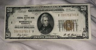 1929 $20 Twenty Dollar National Currency Note Brown Seal Minneapolis,  Flawless