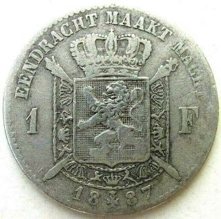 Belgium Coins,  1 Franc 1887,  Leopold Ii,  Silver 0.  835