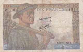 10 Francs Vg Banknote From German Occupied France 1946 Pick - 99