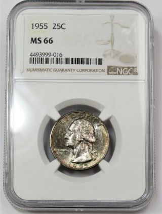 1955 - P Ngc Ms 66 Toned Bu Unc Washington Quarter 25c Silver Us Coin