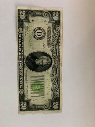 1934 20 Dollar Bill Federal Reserve Note,  Light Green Seal