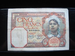 Algeria 5 Francs 1941 P77 French Algerie Sharp 20 Currency Banknote Money