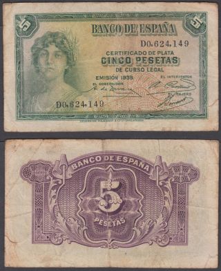 Spain 5 Pesetas 1935 (f) Banknote P - 85a