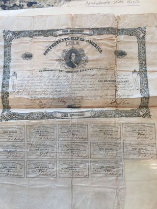 Confederate War Bond Loan Coupons 100,  1862