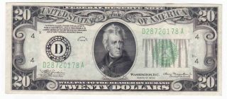 1934 $20 Dollar Bill Federal Reserve Note Currency Xf,  Paper Money Fr 2054 - D