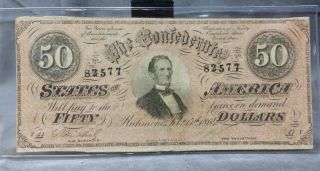 Confederate States Of America Richmond Civil War $50.  00 Obsolete Note 02/17/1864