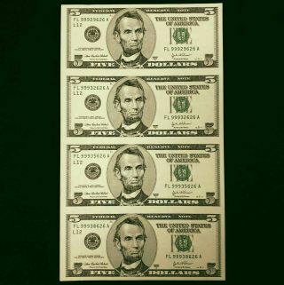 2003 A Us $5 Five Dollar Uncut Sheet Of 4 Federal Reserve Bank Notes Hus058626