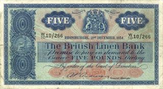 Scotland British Linen Bank 5 Pounds Currency Banknote 1954
