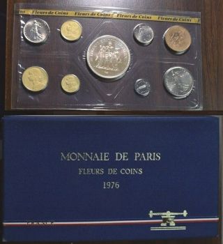 1976 France - Official Specimen " Fdc " Set (9) W/ Silver Crown - Monnaie De Paris