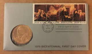 1976 13 Cent X 4 American Bicentennial First Day Cover W/jefferson Medal