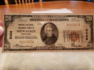 1929 $20 Marine National Exchange Bank Of Milwaukee Bank Note