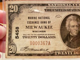 1929 $20 Marine National Exchange Bank of Milwaukee bank note 2
