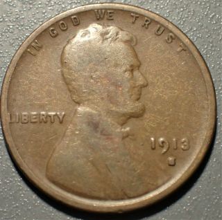 1913 - S 1c Lincoln Wheat Cent,  Grade Vg,  /f,  Lj35