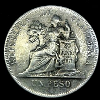 Guatemala 1894 1 Peso Coin Km 210 Large Silver Crown In Higher Grade