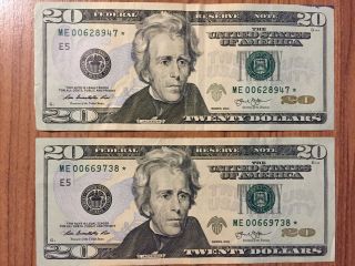 2013 Two (2) $20 Twenty Dollar Star Notes – Me Serial Nos.  – Circulated
