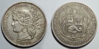 Peru Lima 1880 " B " 5 Pesetas Silver Coin.  Km 201.  1