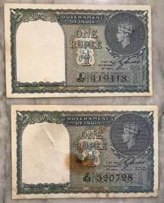1940 British India One Rupee Banknote,  George Vi,  Vintage Paper Money