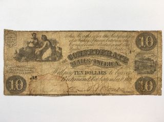 1861 Confederate States Of America $10 Ten Dollar Bill Civil War Currency Note