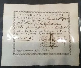1783 State Of Connecticut Pay Table Office Draft Signed By Oliver Wolcott Jr.