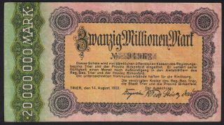 1923 20 Million Mark Trier Germany Old Vintage Emergency Money Banknote Vf