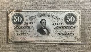 1864 Confederate States Of America Richmond $50 Bank Note Currency
