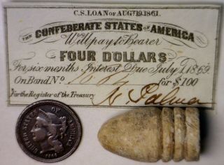 1861 Confederate $4 Csa Intrest Note,  Civil War Bullet,  1866 Three Cent Coin Nr