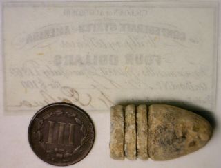 1861 CONFEDERATE $4 CSA Intrest Note,  Civil War BULLET,  1866 THREE CENT Coin NR 5
