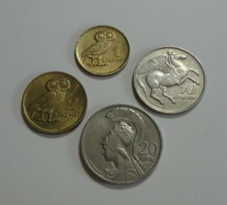 Greece 1,  2,  10,  20 Drachmai 1973 Owl Pegasus Athena Goddess Phoenix Coins